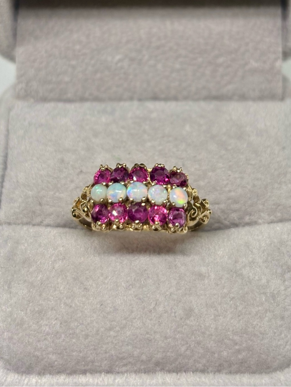 Antique Edwardian 9K Yellow Gold Pink Rubies and Opal Ring, size 6.25